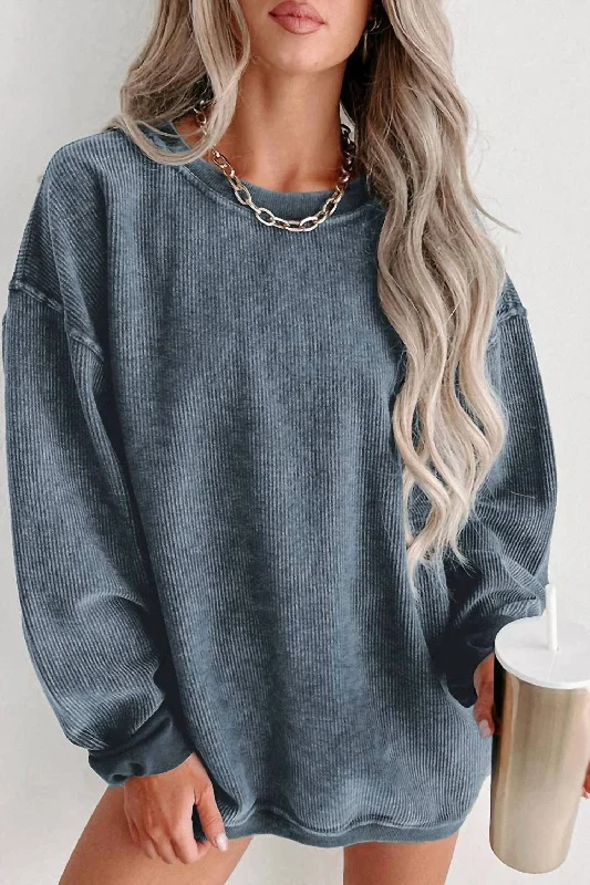 Washed Ribbed Pullover Sweatshirt In Blue