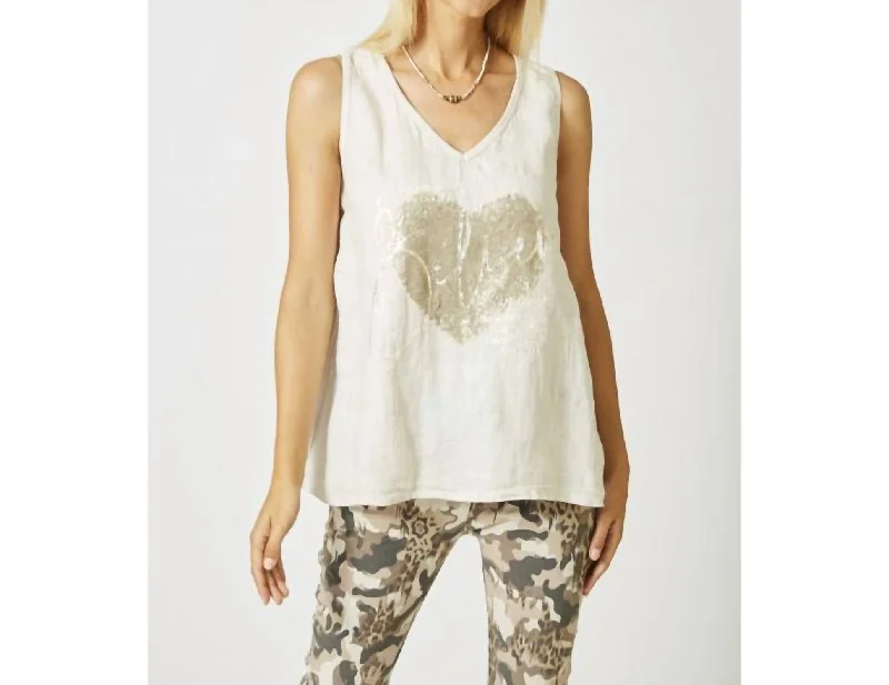 Sequin Heart "believe" Tank Top In Taupe