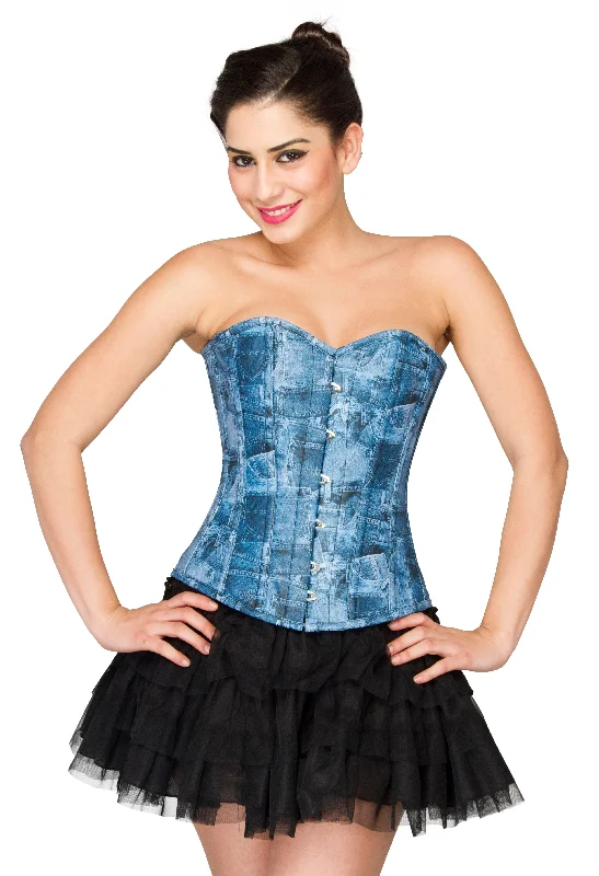 Blue Denim Print Faux Leather Overbust Corset with Tutu Skirt Dress